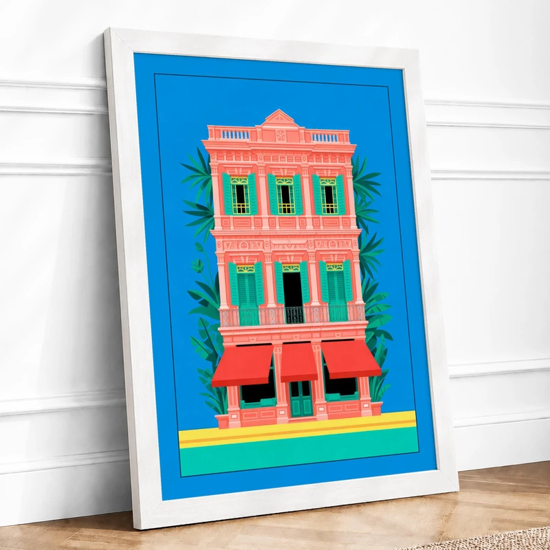 Colonial House Tropical Framed Wall Art Print A1 (84.1×59.4cm) White, Wall Decor for Living Room, Bedroom, Office & Home, Ready to Hang, Art Gift