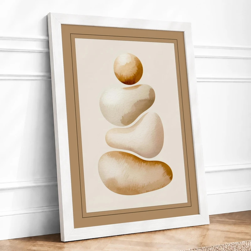 Stacked Stones in Balance Minimalist Framed Wall Art Print A1 (84.1×59.4cm) White, Wall Decor for Living Room, Bedroom, Office & Home, Ready to Hang, Art Gift