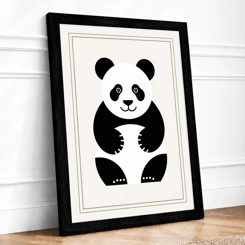 Seated Panda Minimalist Framed Wall Art Print A1 (84.1×59.4cm) Black, Wall Decor for Living Room, Bedroom, Office & Home, Ready to Hang, Art Gift