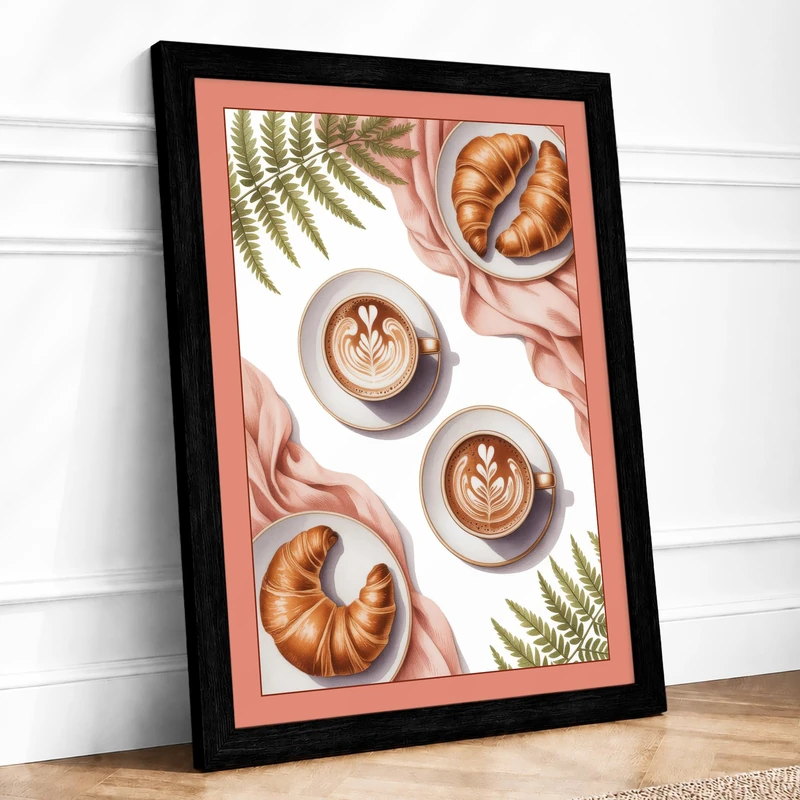Coffee and Croissants Modern Framed Wall Art Print A1 (84.1×59.4cm) Black, Wall Decor for Living Room, Bedroom, Office & Home, Ready to Hang, Art Gift