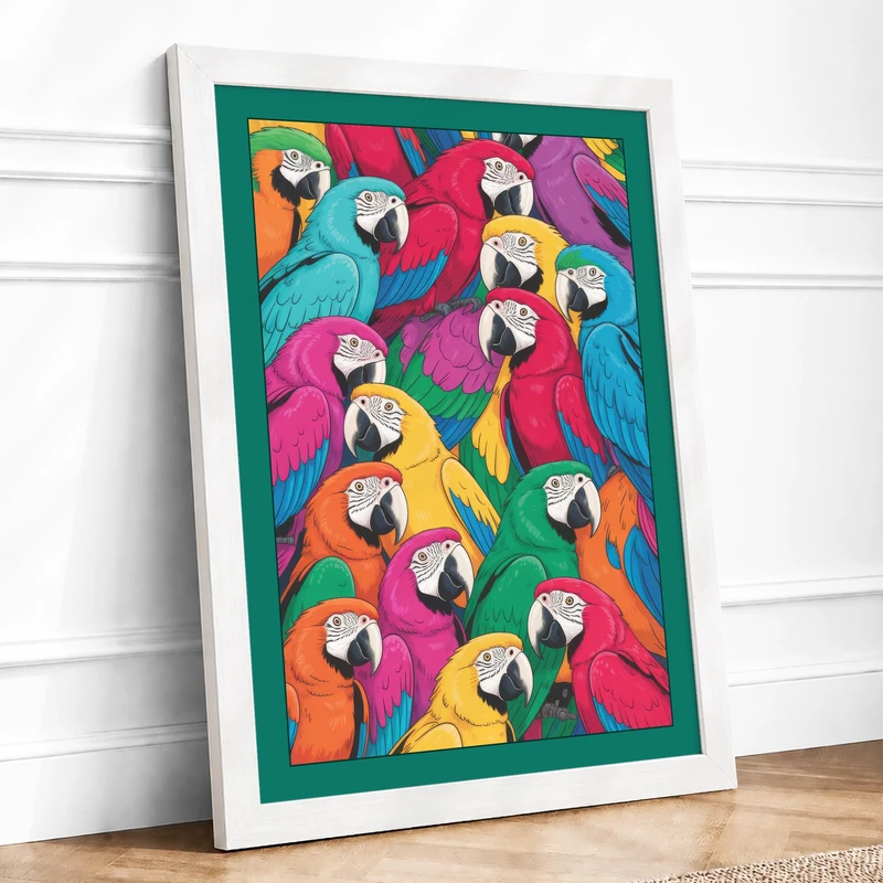 Macaw Gathering Modern Framed Wall Art Print A1 (84.1×59.4cm) White, Wall Decor for Living Room, Bedroom, Office & Home, Ready to Hang, Art Gift - Image 1