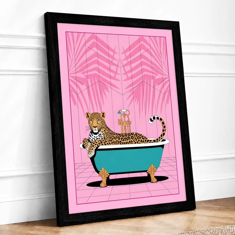 Lounging Leopard Pop Art Framed Wall Art Print A1 (84.1×59.4cm) Black, Wall Decor for Living Room, Bedroom, Office & Home, Ready to Hang, Art Gift