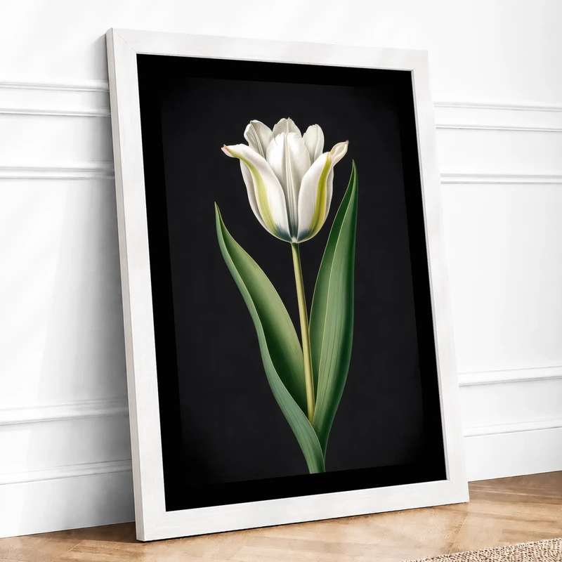 White Tulip Study Botanical Framed Wall Art Print A1 (84.1×59.4cm) White, Wall Decor for Living Room, Bedroom, Office & Home, Ready to Hang, Art Gift