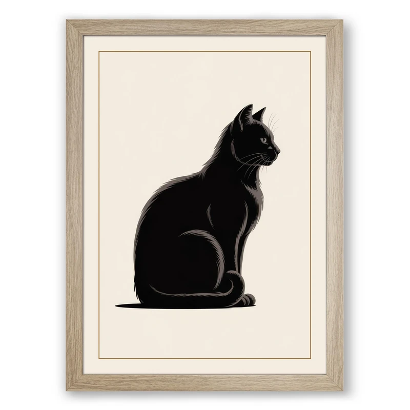 Silent Black Cat Minimalist Framed Wall Art Print A1 (84.1×59.4cm) Oak, Wall Decor for Living Room, Bedroom, Office & Home, Ready to Hang, Art Gift
