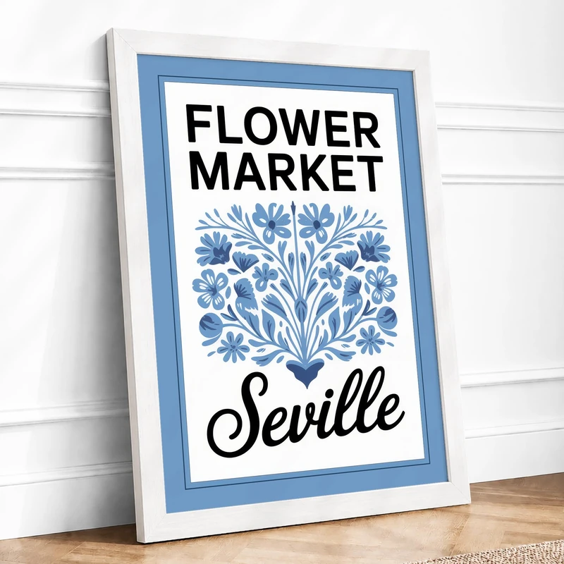 Flower Market Seville Vintage Framed Wall Art Print A1 (84.1×59.4cm) White, Wall Decor for Living Room, Bedroom, Office & Home, Ready to Hang, Art Gift - Image 1