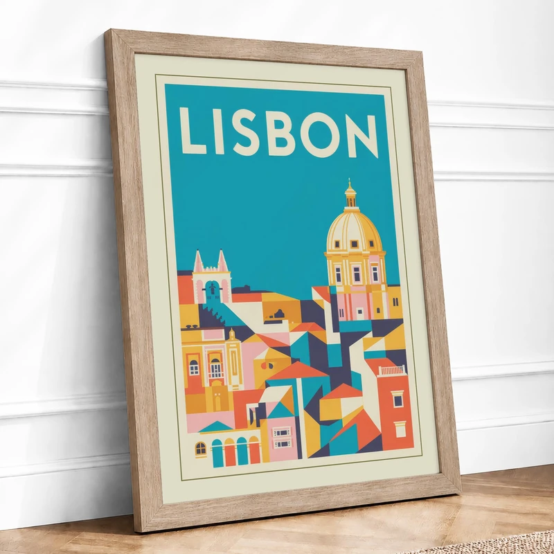Postcard from Lisbon Vintage Framed Wall Art Print A1 (84.1×59.4cm) Oak, Wall Decor for Living Room, Bedroom, Office & Home, Ready to Hang, Art Gift - Image 1