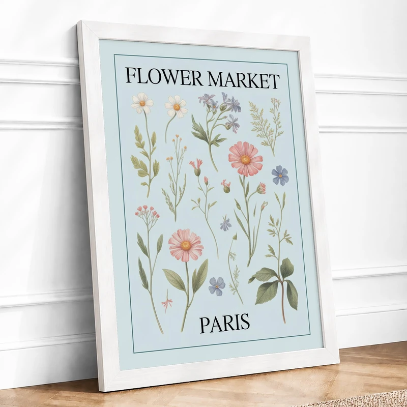 Flower Market Paris Botanical Framed Wall Art Print A1 (84.1×59.4cm) White, Wall Decor for Living Room, Bedroom, Office & Home, Ready to Hang, Art Gift - Image 1