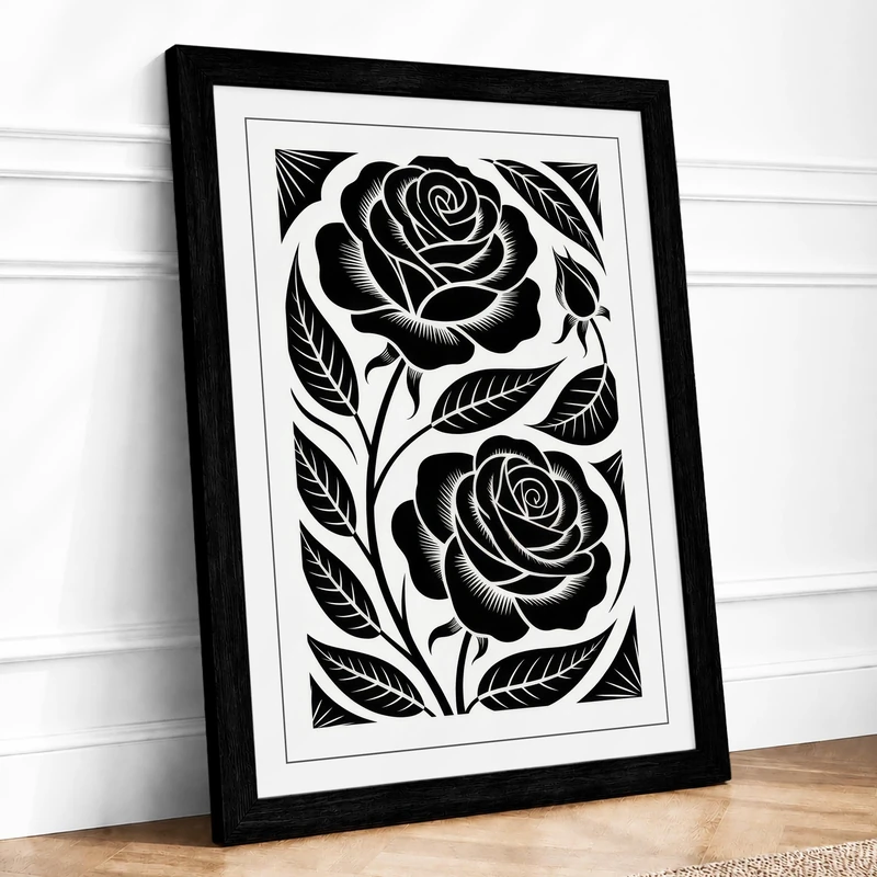Two Roses, Intertwined Art Deco Framed Wall Art Print A1 (84.1×59.4cm) Black, Wall Decor for Living Room, Bedroom, Office & Home, Ready to Hang, Art Gift - Image 1