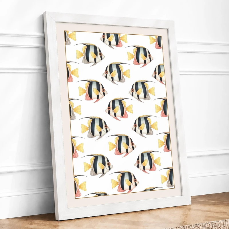 Fish Pattern Tropical Framed Wall Art Print A1 (84.1×59.4cm) White, Wall Decor for Living Room, Bedroom, Office & Home, Ready to Hang, Art Gift