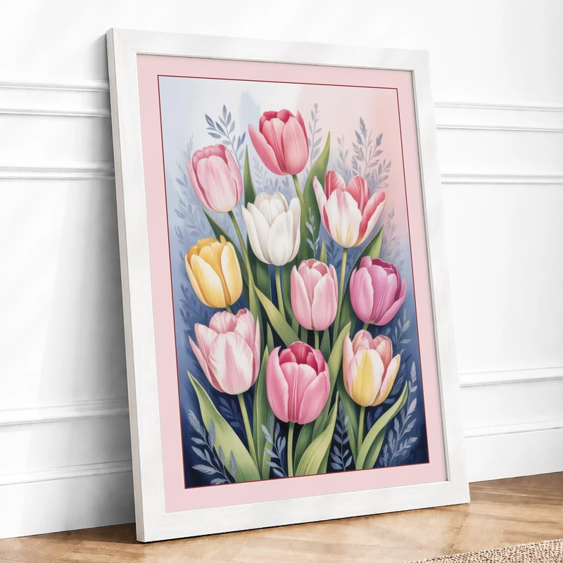 Tulips in Soft Bloom Botanical Framed Wall Art Print A1 (84.1×59.4cm) White, Wall Decor for Living Room, Bedroom, Office & Home, Ready to Hang, Art Gift - Image 1