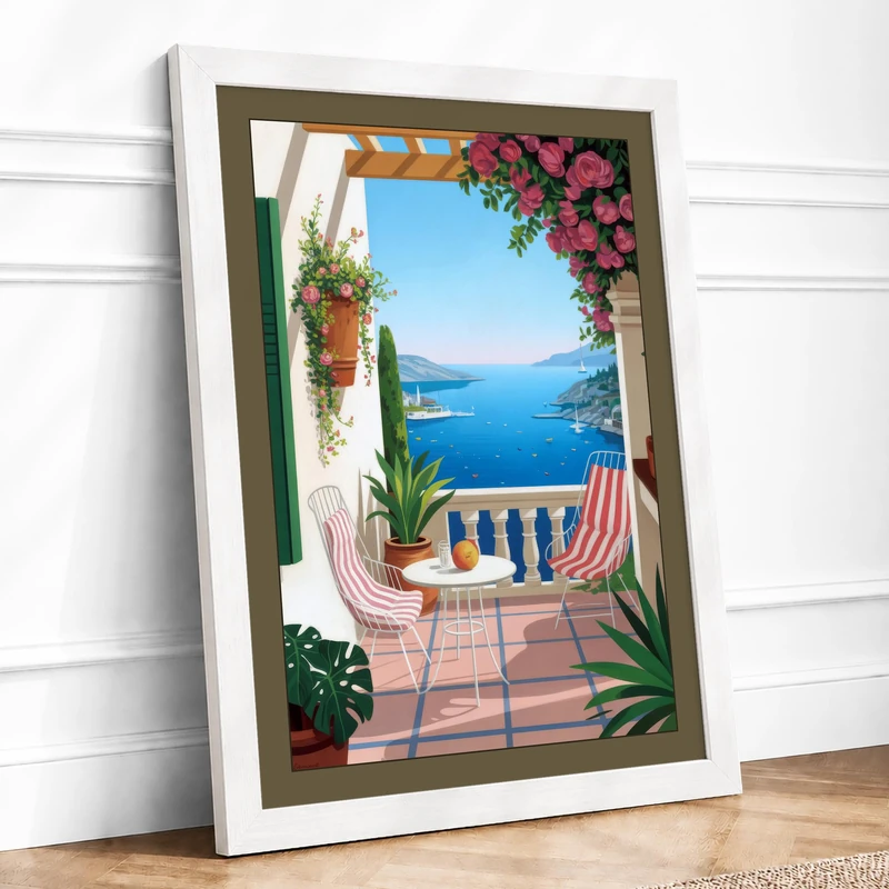 Mediterranean Terrace Coastal Framed Wall Art Print A1 (84.1×59.4cm) White, Wall Decor for Living Room, Bedroom, Office & Home, Ready to Hang, Art Gift - Image 1
