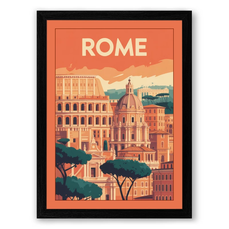Postcard from Rome Vintage Framed Wall Art Print A1 (84.1×59.4cm) Black, Wall Decor for Living Room, Bedroom, Office & Home, Ready to Hang, Art Gift - Image 1