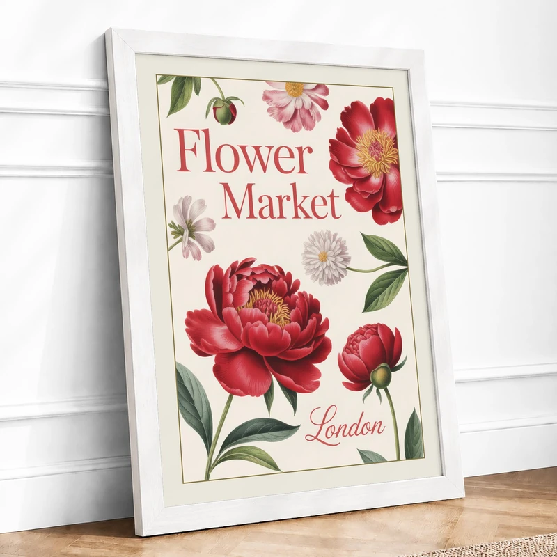 Flower Market London Botanical Framed Wall Art Print A1 (84.1×59.4cm) White, Wall Decor for Living Room, Bedroom, Office & Home, Ready to Hang, Art Gift