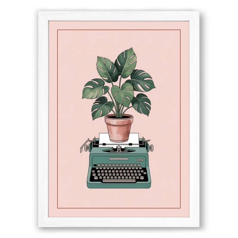 Plant on Typewriter Eclectic Framed Wall Art Print A1 (84.1×59.4cm) White, Wall Decor for Living Room, Bedroom, Office & Home, Ready to Hang, Art Gift - Image 1