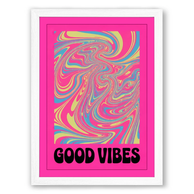 Good Vibes Swirl Retro Framed Wall Art Print A1 (84.1×59.4cm) White, Wall Decor for Living Room, Bedroom, Office & Home, Ready to Hang, Art Gift