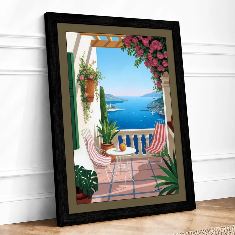 Mediterranean Terrace Coastal Framed Wall Art Print A1 (84.1×59.4cm) Black, Wall Decor for Living Room, Bedroom, Office & Home, Ready to Hang, Art Gift - Image 1