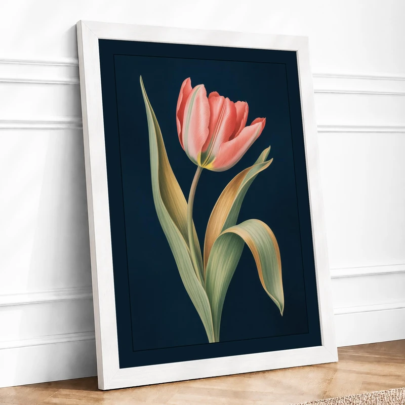 Coral Tulip Study Botanical Framed Wall Art Print A1 (84.1×59.4cm) White, Wall Decor for Living Room, Bedroom, Office & Home, Ready to Hang, Art Gift