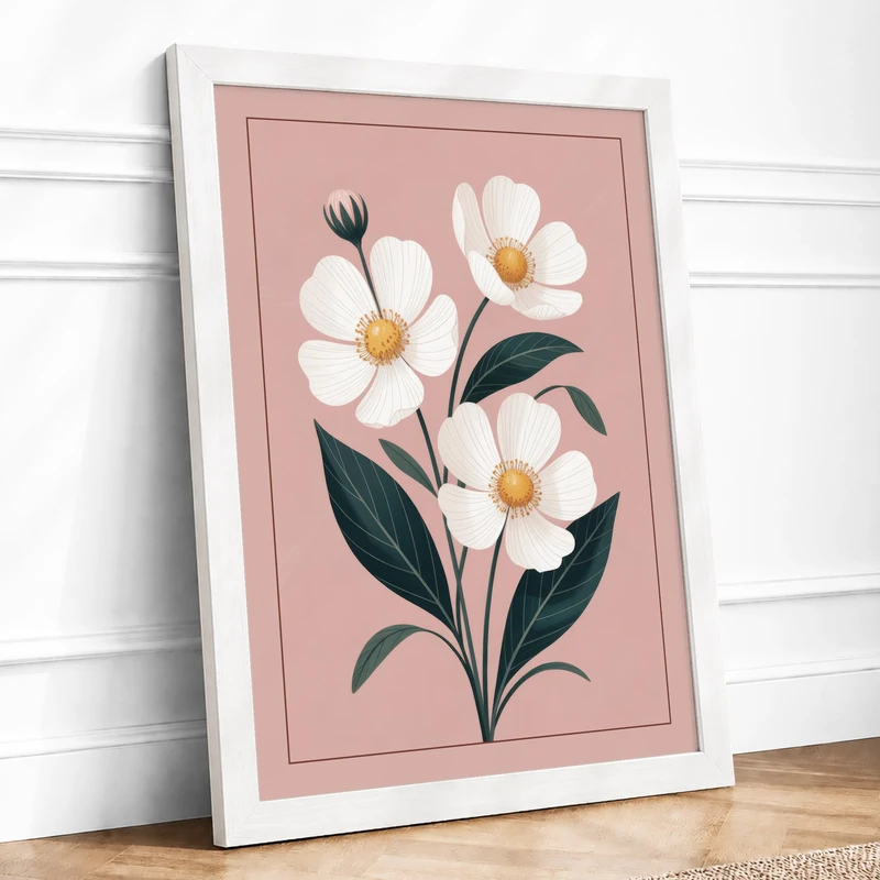 White Flowers Study Botanical Framed Wall Art Print A1 (84.1×59.4cm) White, Wall Decor for Living Room, Bedroom, Office & Home, Ready to Hang, Art Gift