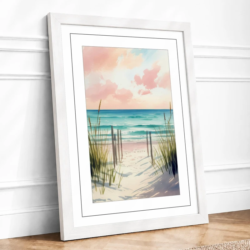 Path to the Sea Coastal Framed Wall Art Print A1 (84.1×59.4cm) White, Wall Decor for Living Room, Bedroom, Office & Home, Ready to Hang, Art Gift