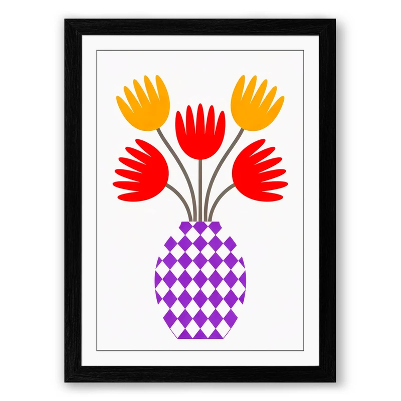 Folk Art Tulips Botanical Framed Wall Art Print A1 (84.1×59.4cm) Black, Wall Decor for Living Room, Bedroom, Office & Home, Ready to Hang, Art Gift
