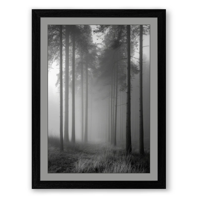 Forest in Mist Scandinavian Framed Wall Art Print A1 (84.1×59.4cm) Black, Wall Decor for Living Room, Bedroom, Office & Home, Ready to Hang, Art Gift