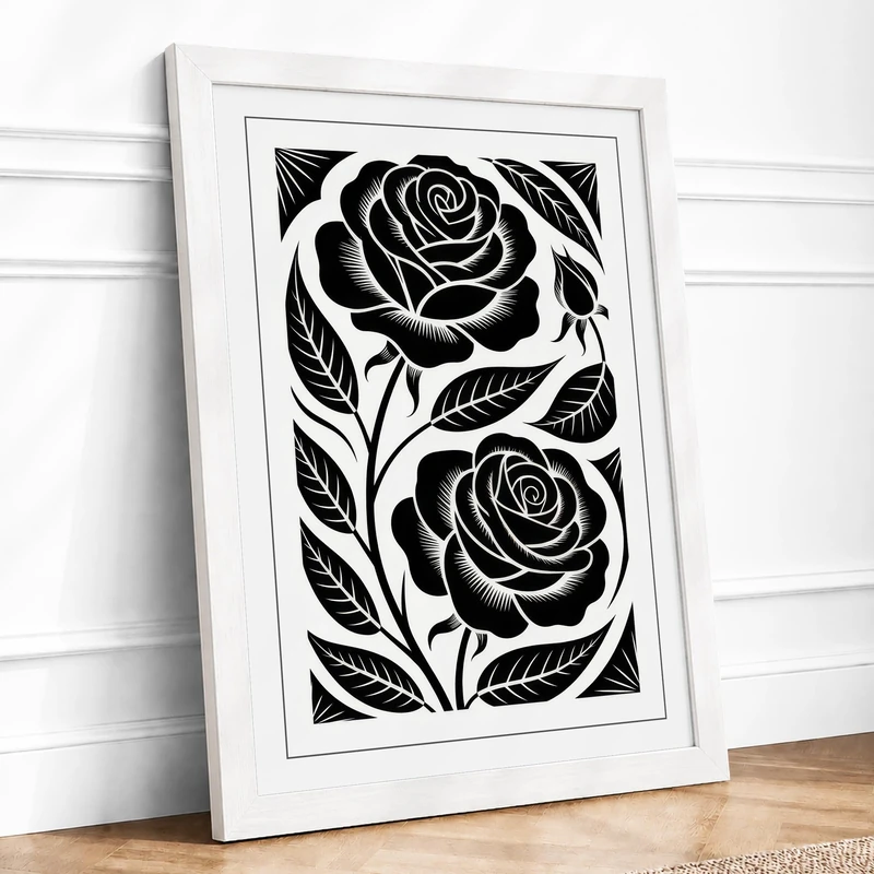 Two Roses, Intertwined Art Deco Framed Wall Art Print A1 (84.1×59.4cm) White, Wall Decor for Living Room, Bedroom, Office & Home, Ready to Hang, Art Gift - Image 1