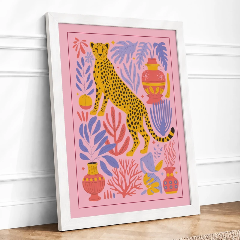 Leopard in Coral Garden Maximalist Framed Wall Art Print A1 (84.1×59.4cm) White, Wall Decor for Living Room, Bedroom, Office & Home, Ready to Hang, Art Gift