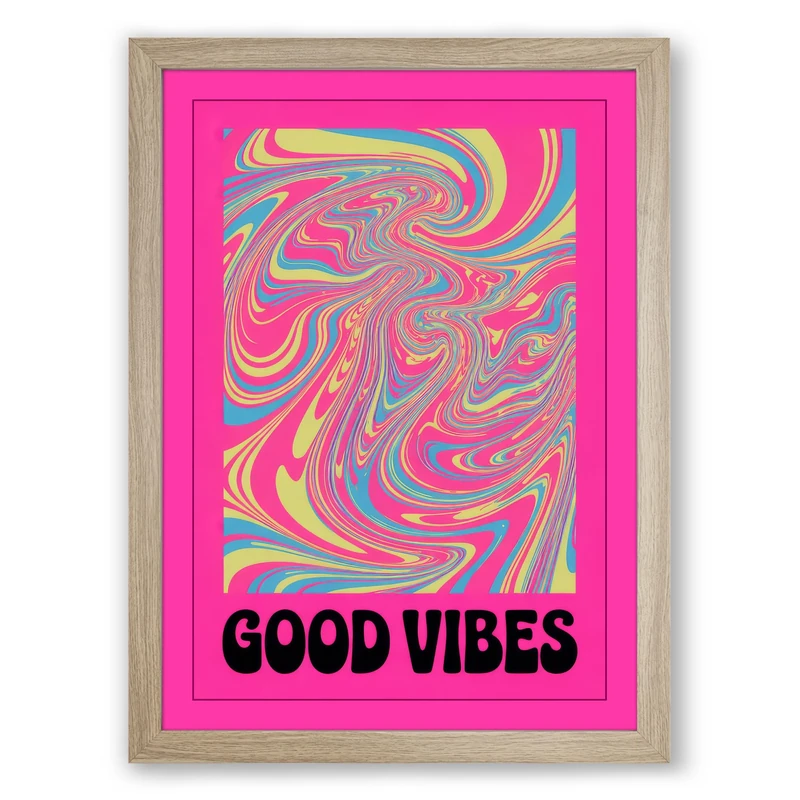 Good Vibes Swirl Retro Framed Wall Art Print A1 (84.1×59.4cm) Oak, Wall Decor for Living Room, Bedroom, Office & Home, Ready to Hang, Art Gift
