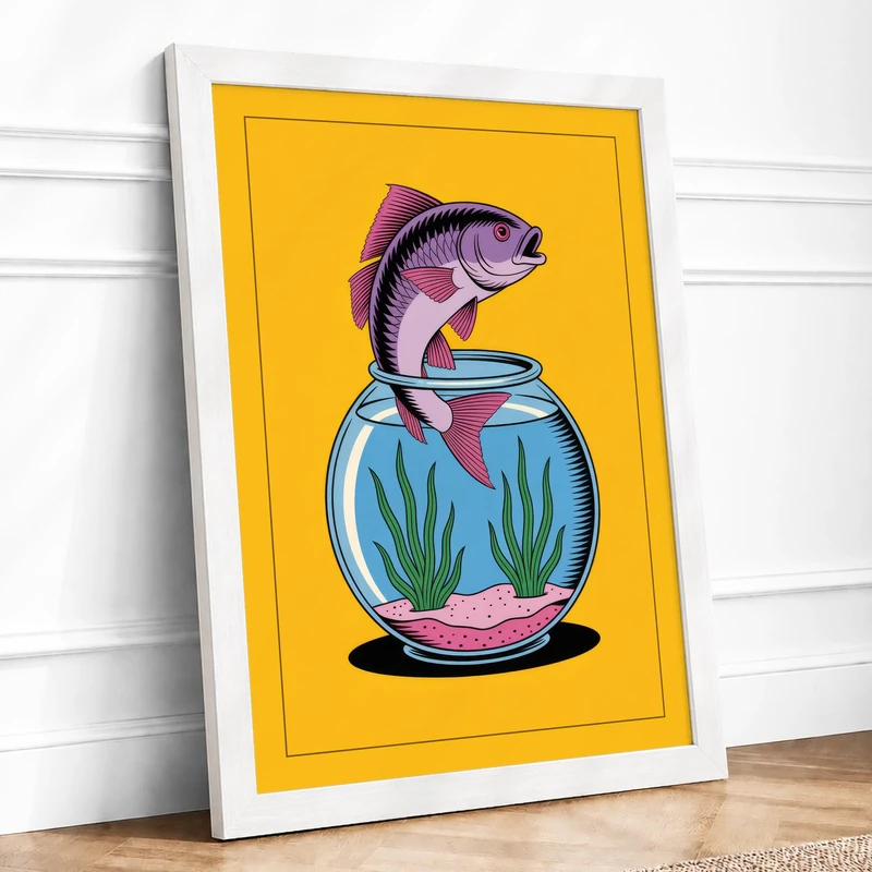 Fish in Flight Modern Framed Wall Art Print A1 (84.1×59.4cm) White, Wall Decor for Living Room, Bedroom, Office & Home, Ready to Hang, Art Gift - Image 1