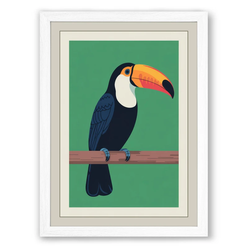 Toucan on Branch Modern Framed Wall Art Print A1 (84.1×59.4cm) White, Wall Decor for Living Room, Bedroom, Office & Home, Ready to Hang, Art Gift