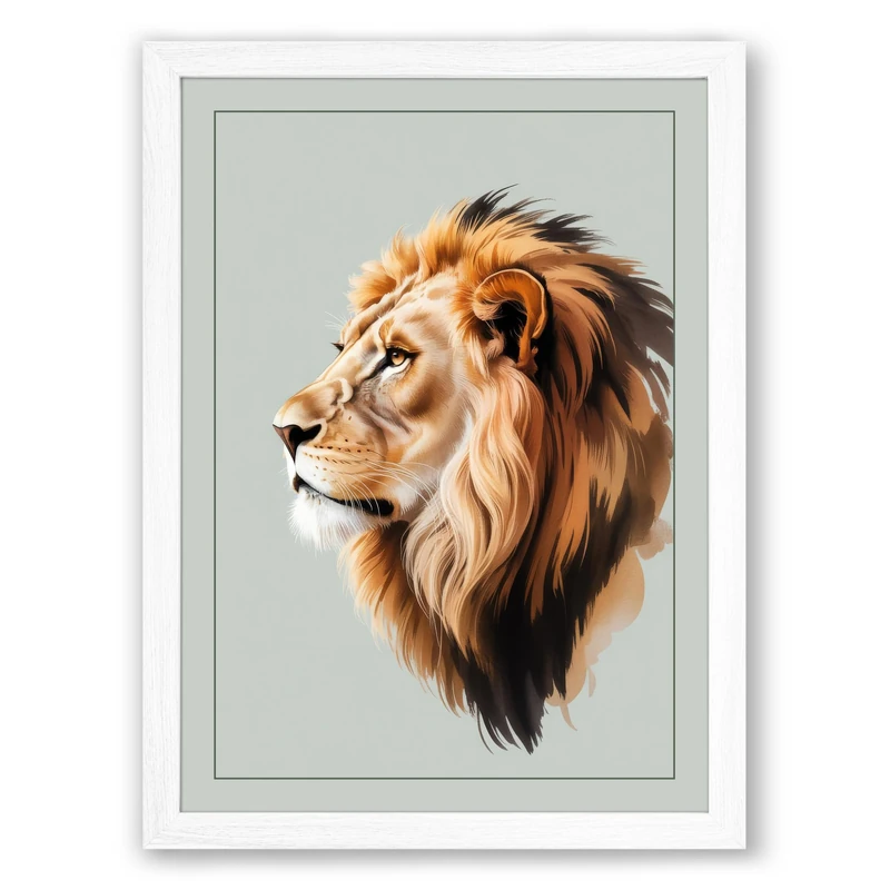 Lion in Profile Modern Framed Wall Art Print A1 (84.1×59.4cm) White, Wall Decor for Living Room, Bedroom, Office & Home, Ready to Hang, Art Gift