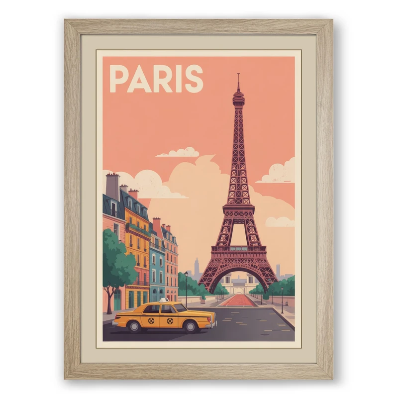 Postcard from Paris Vintage Framed Wall Art Print A1 (84.1×59.4cm) Oak, Wall Decor for Living Room, Bedroom, Office & Home, Ready to Hang, Art Gift
