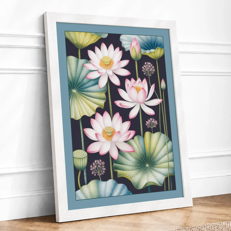 Water Lilies at Dusk Botanical Framed Wall Art Print A1 (84.1×59.4cm) White, Wall Decor for Living Room, Bedroom, Office & Home, Ready to Hang, Art Gift - Image 1