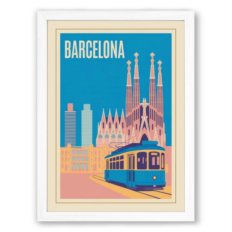 Postcard from Barcelona Vintage Framed Wall Art Print A1 (84.1×59.4cm) White, Wall Decor for Living Room, Bedroom, Office & Home, Ready to Hang, Art Gift