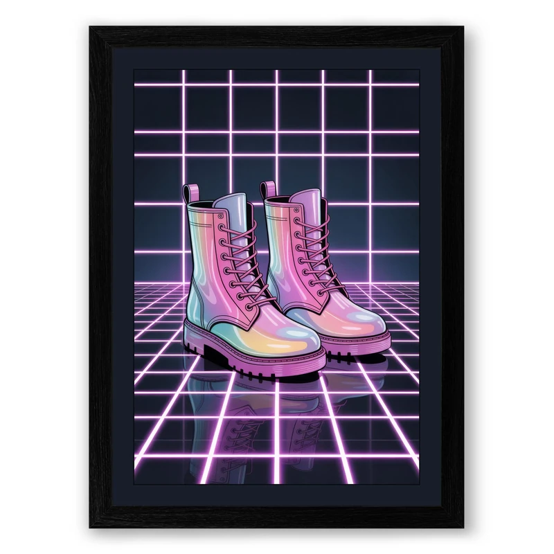 Neon Boots on Grid Retro Framed Wall Art Print A1 (84.1×59.4cm) Black, Wall Decor for Living Room, Bedroom, Office & Home, Ready to Hang, Art Gift