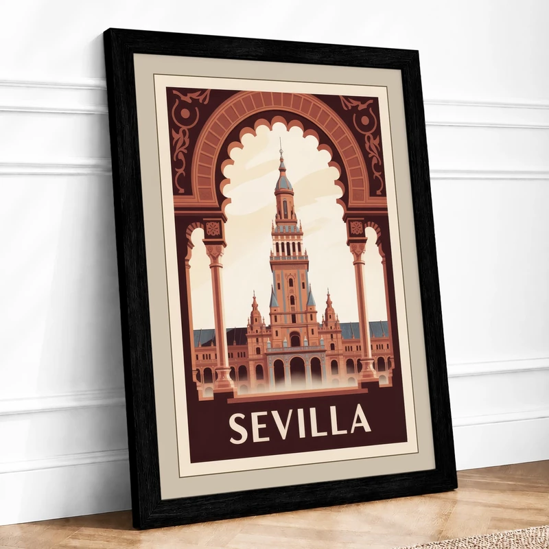 Postcard from Seville Vintage Framed Wall Art Print A1 (84.1×59.4cm) Black, Wall Decor for Living Room, Bedroom, Office & Home, Ready to Hang, Art Gift