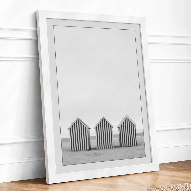 Beach Huts at Rest Minimalist Framed Wall Art Print A1 (84.1×59.4cm) White, Wall Decor for Living Room, Bedroom, Office & Home, Ready to Hang, Art Gift - Image 1