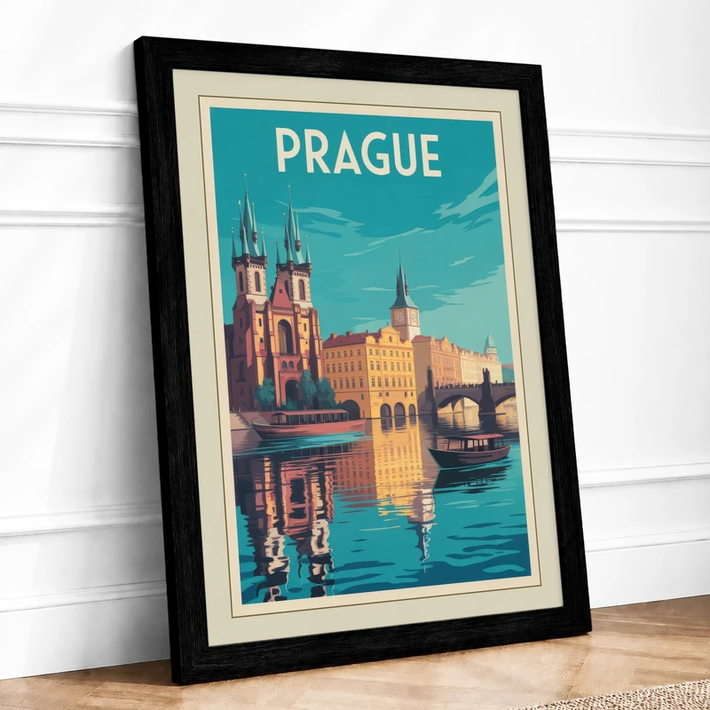 Postcard from Prague Vintage Framed Wall Art Print A1 (84.1×59.4cm) Black, Wall Decor for Living Room, Bedroom, Office & Home, Ready to Hang, Art Gift