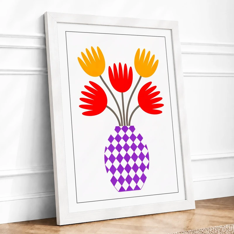 Folk Art Tulips Botanical Framed Wall Art Print A1 (84.1×59.4cm) White, Wall Decor for Living Room, Bedroom, Office & Home, Ready to Hang, Art Gift