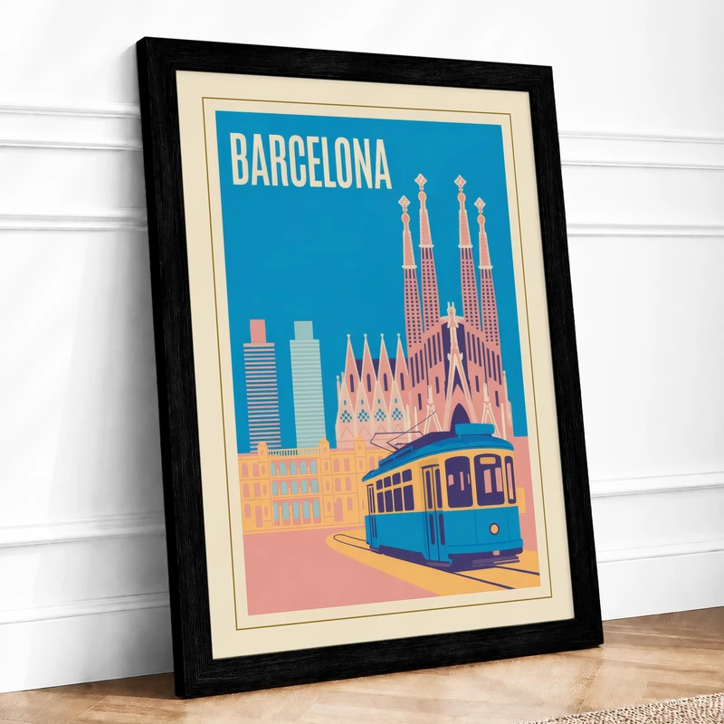 Postcard from Barcelona Vintage Framed Wall Art Print A1 (84.1×59.4cm) Black, Wall Decor for Living Room, Bedroom, Office & Home, Ready to Hang, Art Gift
