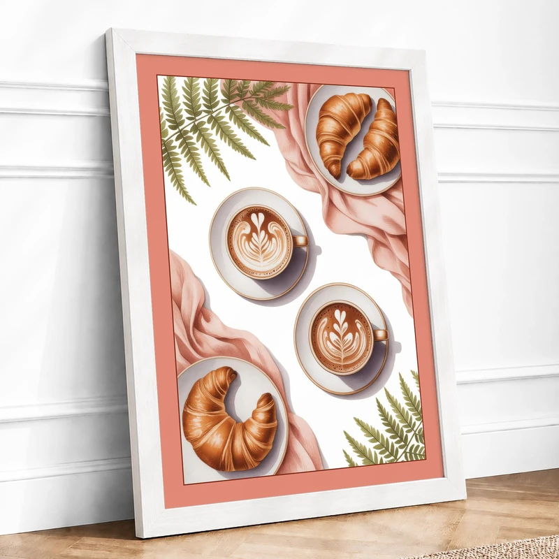Coffee and Croissants Modern Framed Wall Art Print A1 (84.1×59.4cm) White, Wall Decor for Living Room, Bedroom, Office & Home, Ready to Hang, Art Gift