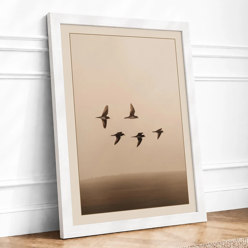 Birds in Flight Minimalist Framed Wall Art Print A1 (84.1×59.4cm) White, Wall Decor for Living Room, Bedroom, Office & Home, Ready to Hang, Art Gift