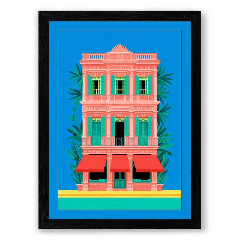 Colonial House Tropical Framed Wall Art Print A1 (84.1×59.4cm) Black, Wall Decor for Living Room, Bedroom, Office & Home, Ready to Hang, Art Gift