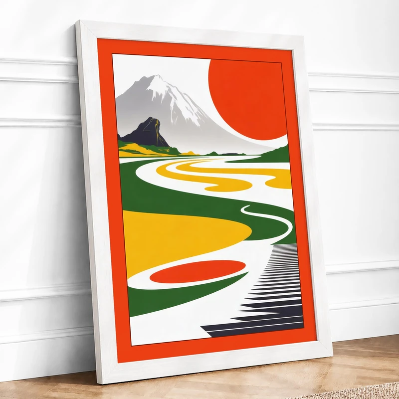Mountain and Rising Sun Art Deco Framed Wall Art Print A1 (84.1×59.4cm) White, Wall Decor for Living Room, Bedroom, Office & Home, Ready to Hang, Art Gift - Image 1