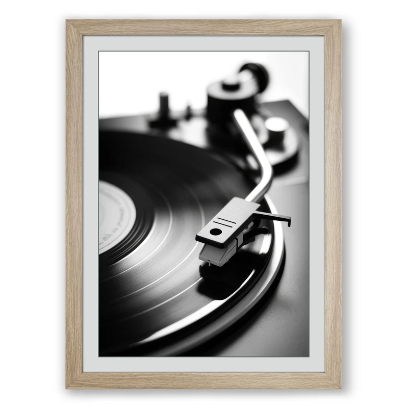 Spinning Vinyl Vintage Framed Wall Art Print A1 (84.1×59.4cm) Oak, Wall Decor for Living Room, Bedroom, Office & Home, Ready to Hang, Art Gift
