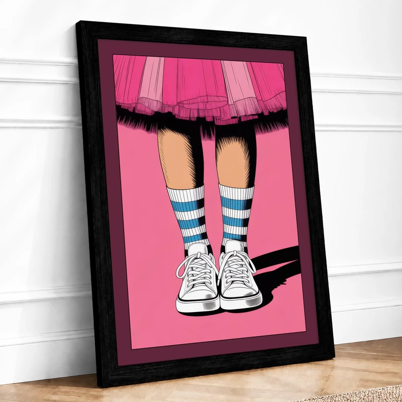 Pink Tulle and Stripes Retro Framed Wall Art Print A1 (84.1×59.4cm) Black, Wall Decor for Living Room, Bedroom, Office & Home, Ready to Hang, Art Gift