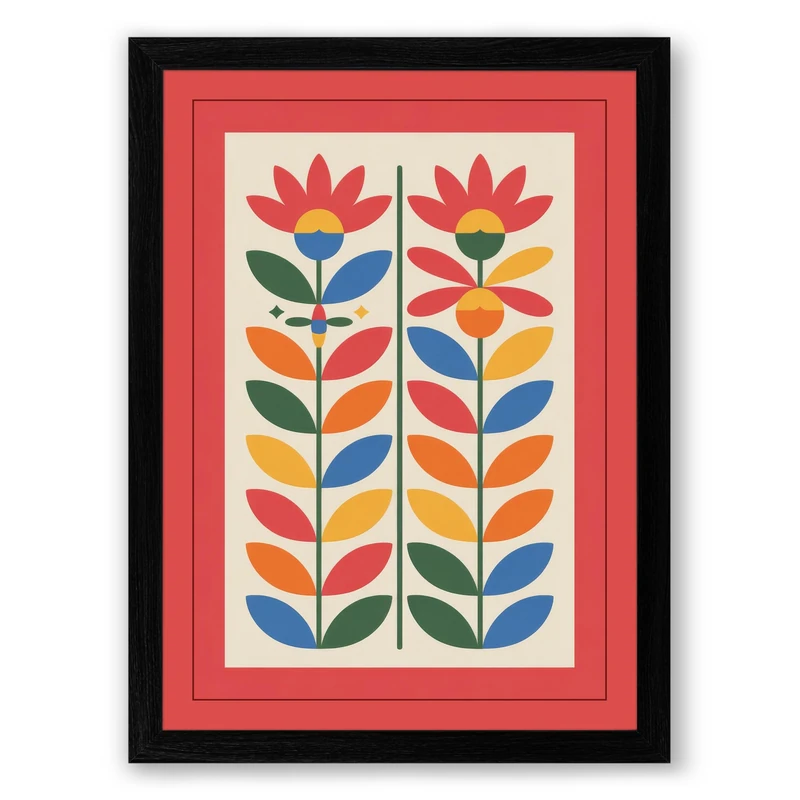 Folk Flowers in Red Scandinavian Framed Wall Art Print A1 (84.1×59.4cm) Black, Wall Decor for Living Room, Bedroom, Office & Home, Ready to Hang, Art Gift
