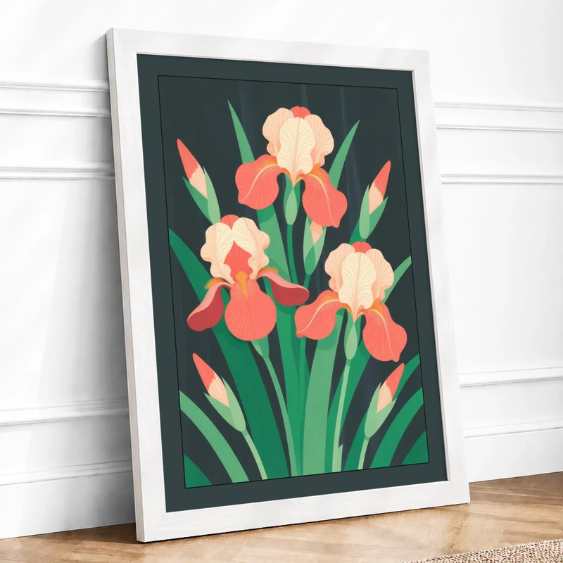 Iris Blooms Botanical Framed Wall Art Print A1 (84.1×59.4cm) White, Wall Decor for Living Room, Bedroom, Office & Home, Ready to Hang, Art Gift