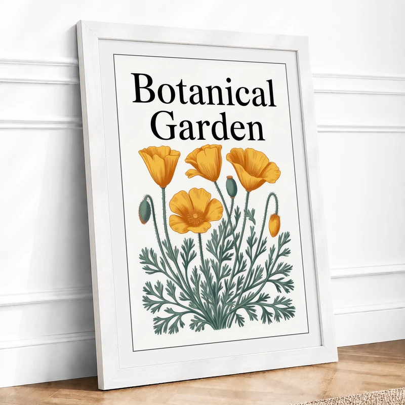 Garden Poppies Botanical Framed Wall Art Print A1 (84.1×59.4cm) White, Wall Decor for Living Room, Bedroom, Office & Home, Ready to Hang, Art Gift - Image 1