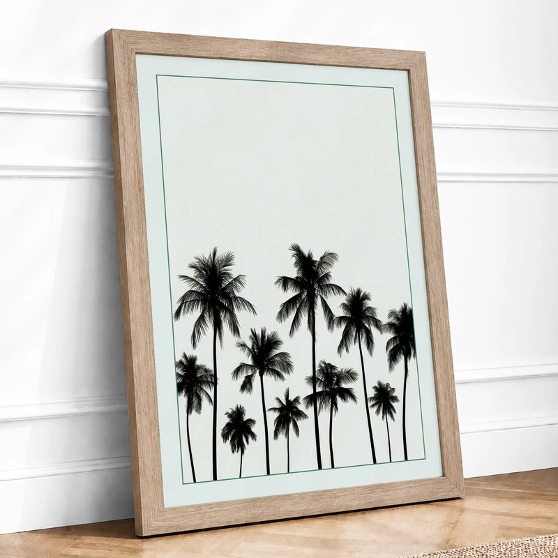 Palm Trees at Dusk Minimalist Framed Wall Art Print A1 (84.1×59.4cm) Oak, Wall Decor for Living Room, Bedroom, Office & Home, Ready to Hang, Art Gift